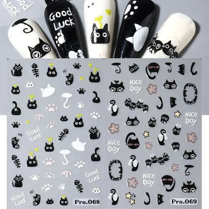 2pcs Black Cat Nail Stickers 3D Cute Cartoon Animal 3D Self-Adhesive