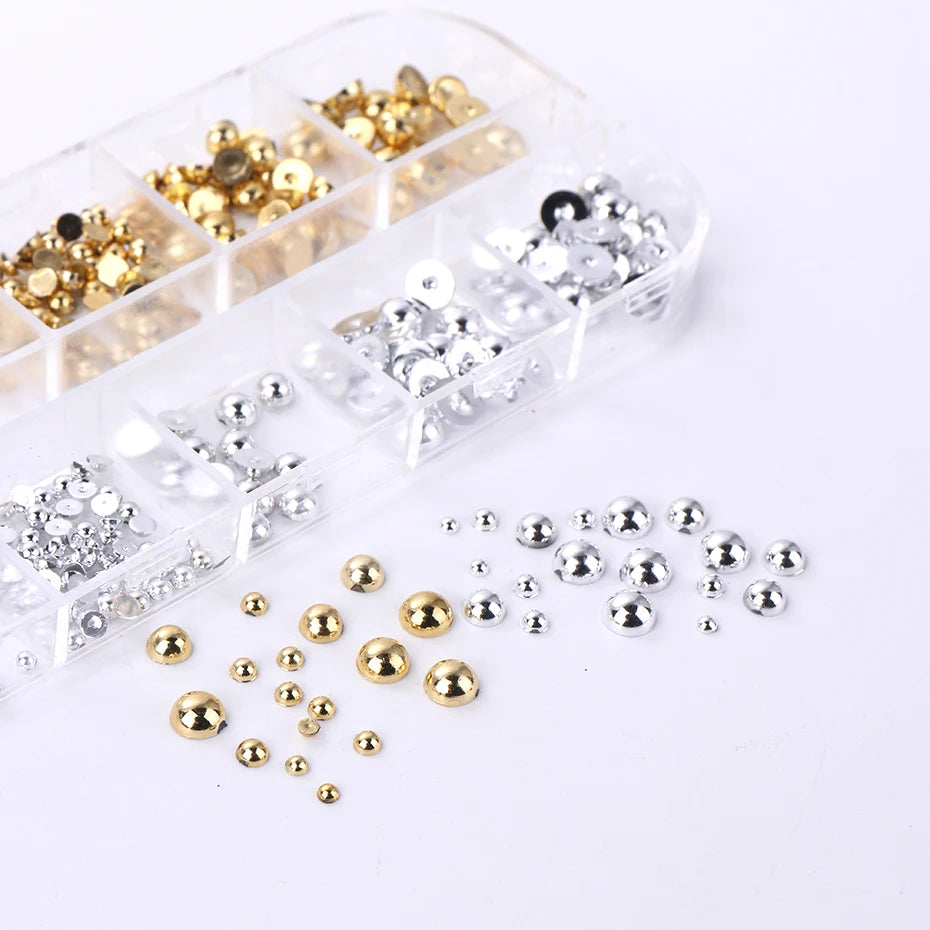 12Grids Mixed Color Gold Silver Flat Half round Pearl Nail Parts