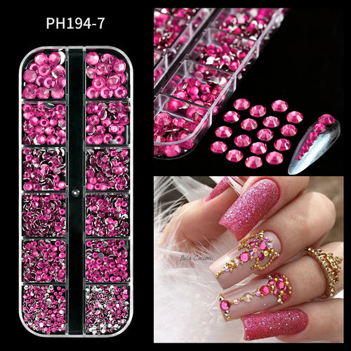 12Grids SS6-SS30 Mixed Nail Rhinestones Shiny Clear/Gold/Pink/Blue