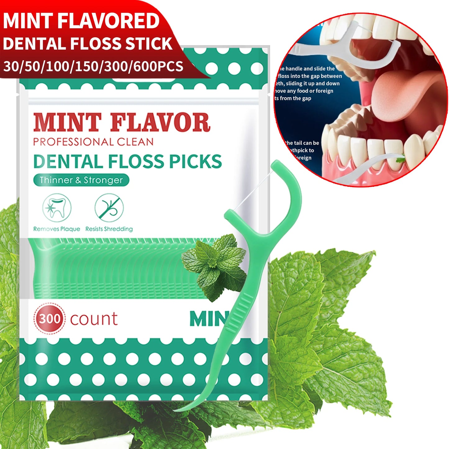 Smooth Mint Floss Stick - Cleaning interdental care for oral health,