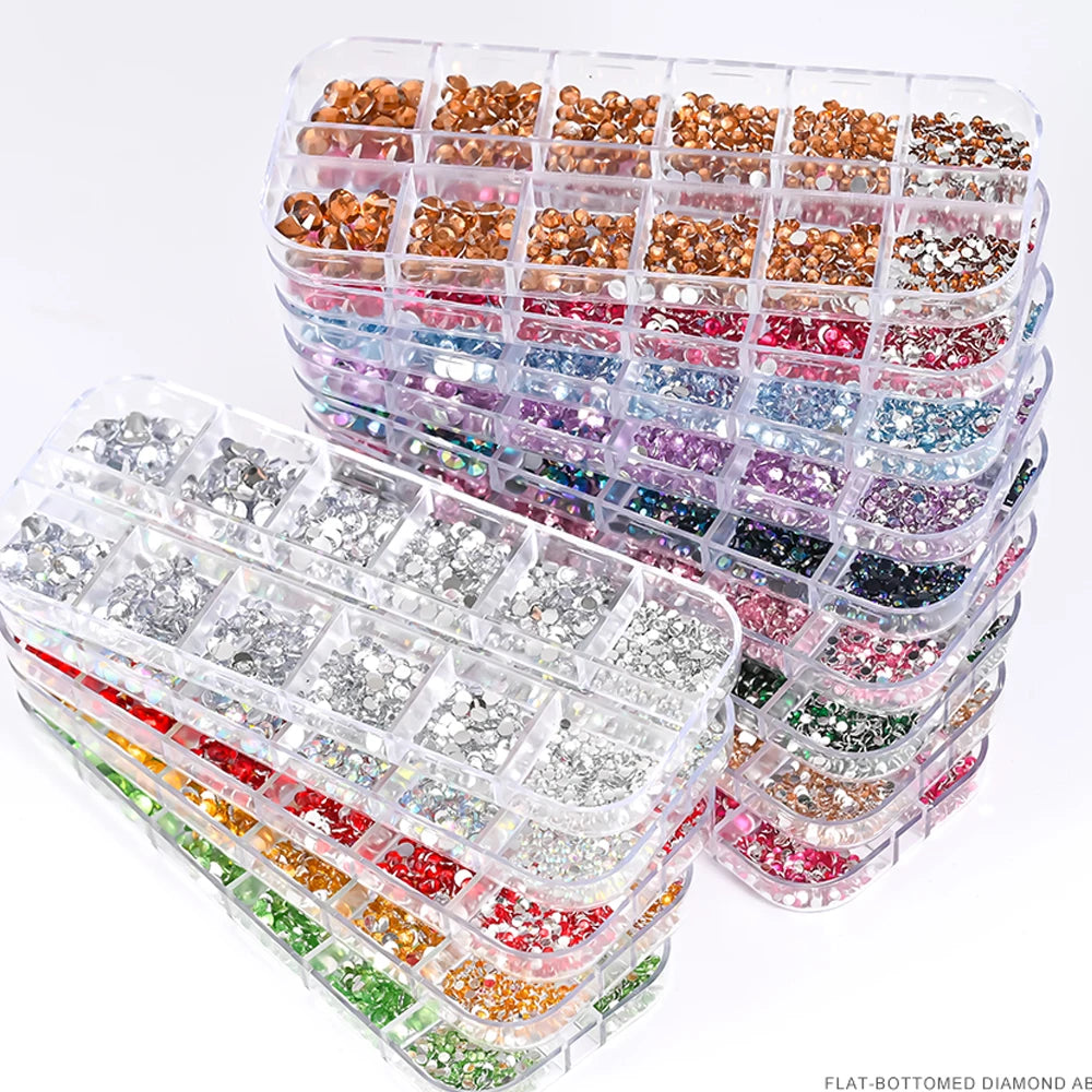 12Grids SS6-SS30 Mixed Nail Rhinestones Shiny Clear/Gold/Pink/Blue