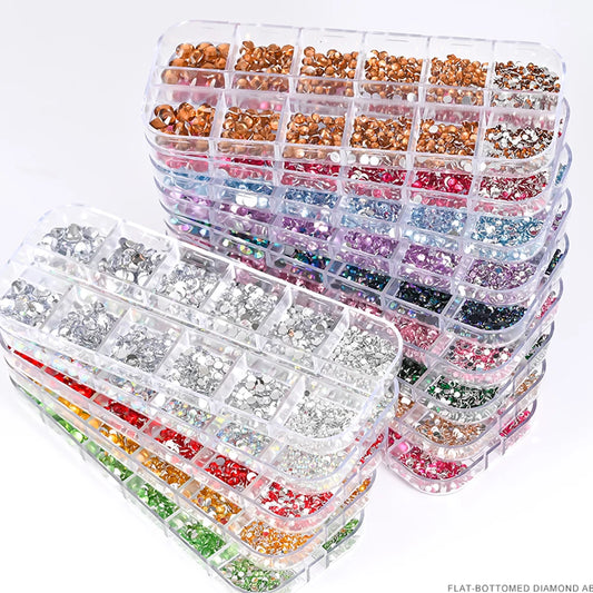 12Grids SS6-SS30 Mixed Nail Rhinestones Shiny Clear/Gold/Pink/Blue