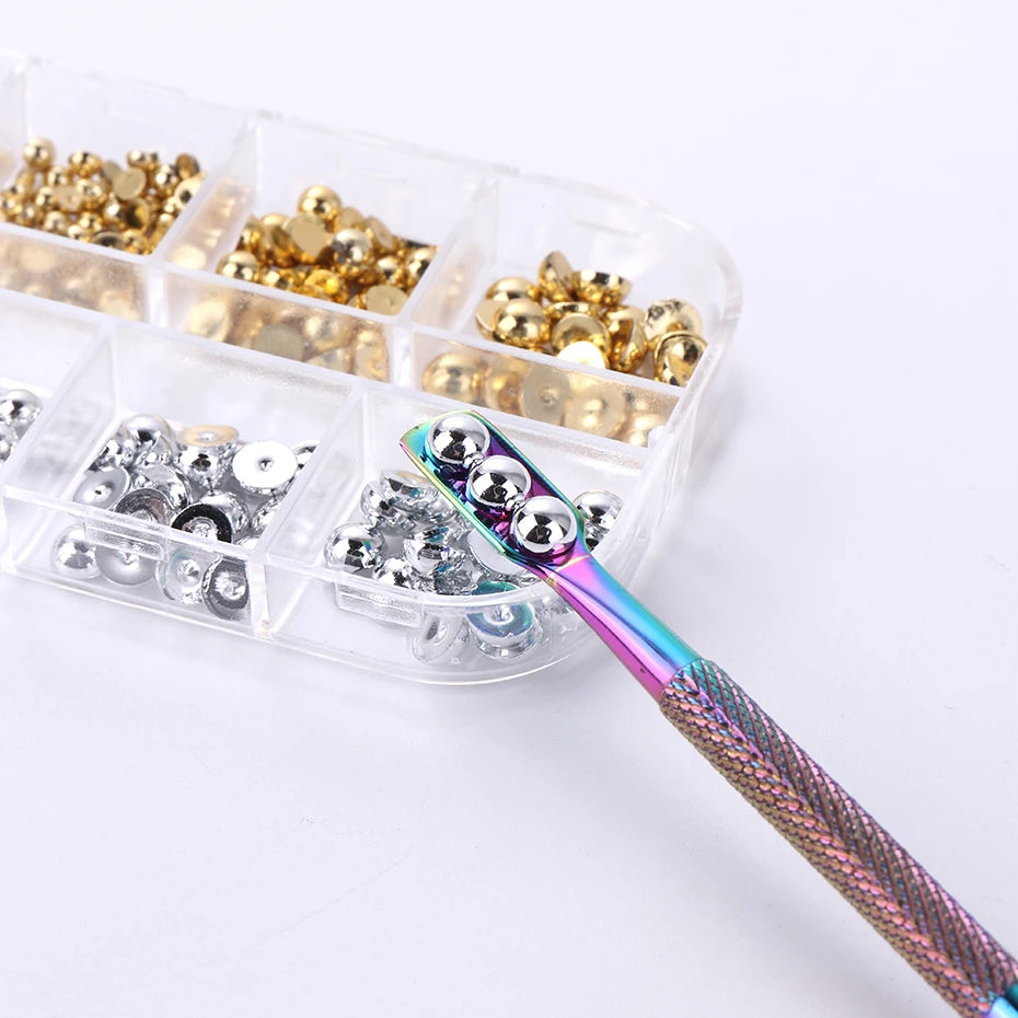 12Grids Mixed Color Gold Silver Flat Half round Pearl Nail Parts