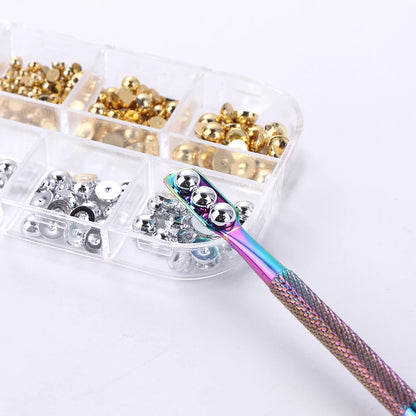 12Grids Mixed Color Gold Silver Flat Half round Pearl Nail Parts