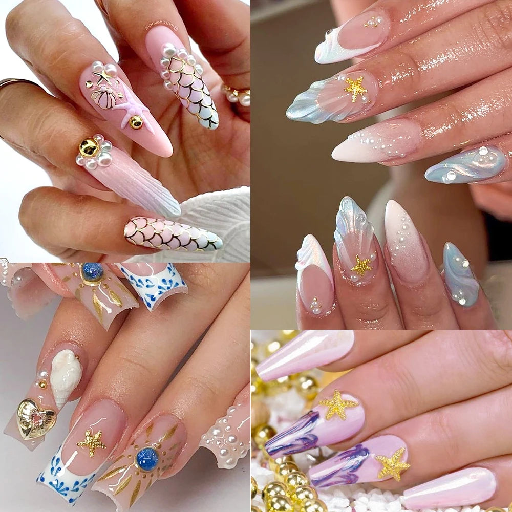 12Grids Ocean Gold Nail Art Charms Shell/Seahorse/Starfish White Half