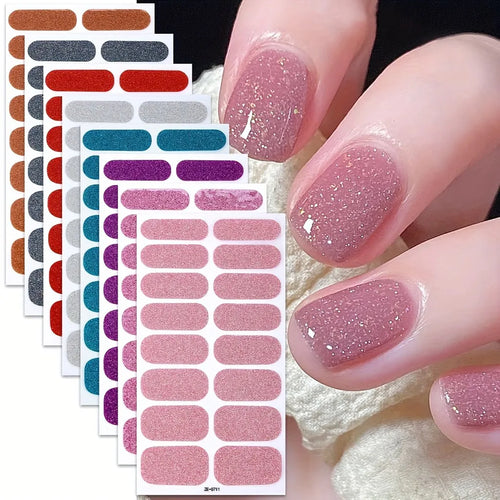 8 Sheets Nail Full Wrap Stickers Pink Nail Glitter Self-Adhesive Gel