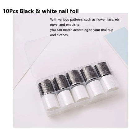10 Rolls 2.5*60cm New Black White Lace Transfer Foil Nail Art Sexy