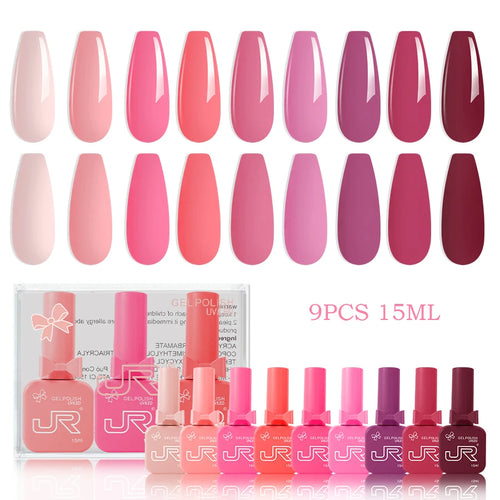 JR 9pcs 15ml gel nail polish set Including Red Pink Nude Gel Polish