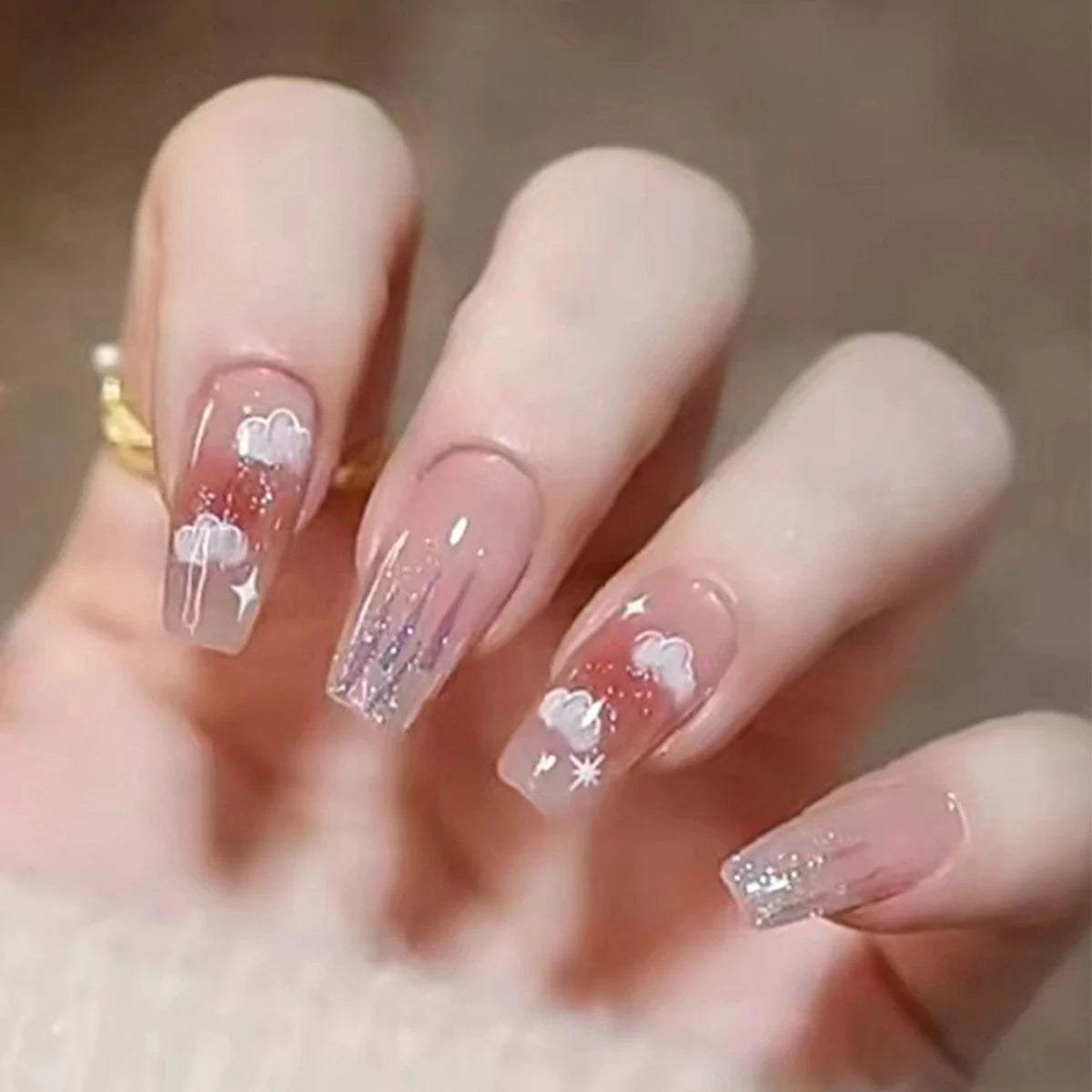 24pcs Chromic Heart Peach Bowknot 3D False Nails Gradient Pink Color