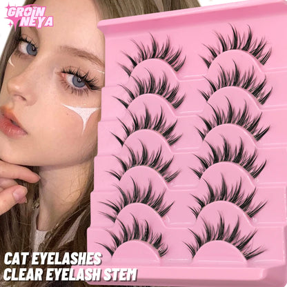 GROINNEYA Cat eye Lashes 5/6 pairs Clear Band Lashes Natural Look 6D