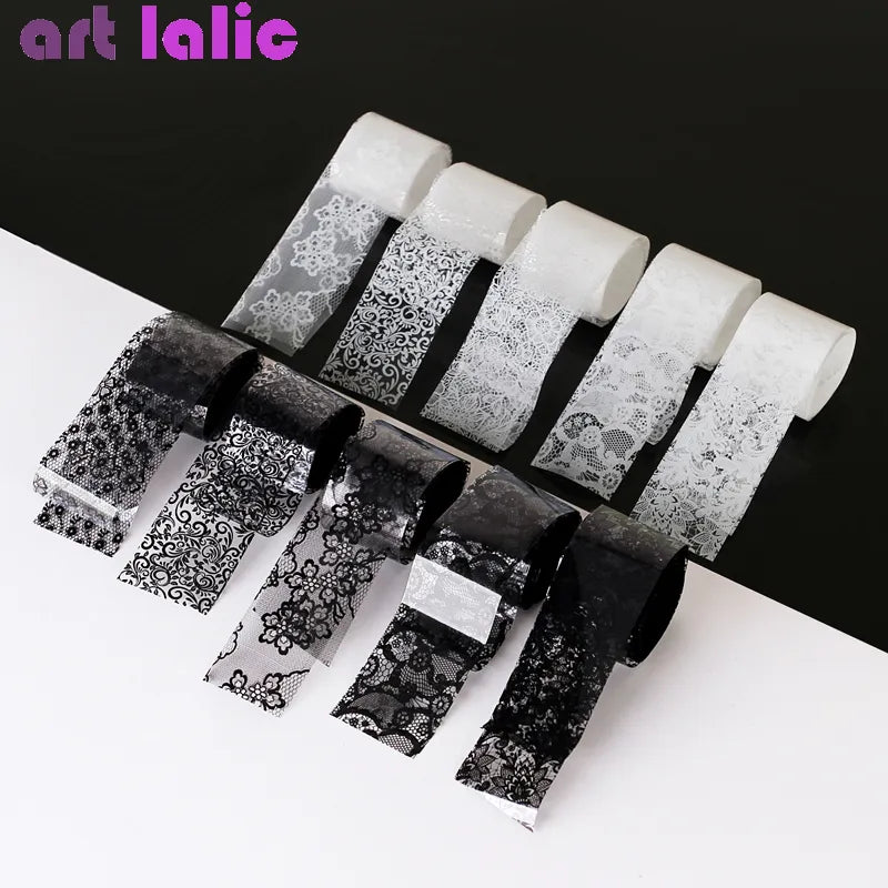 10 Rolls 2.5*60cm New Black White Lace Transfer Foil Nail Art Sexy
