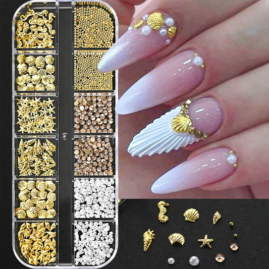 12Grids Ocean Gold Nail Art Charms Shell/Seahorse/Starfish White Half