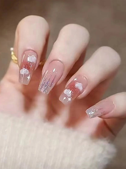 24pcs Chromic Heart Peach Bowknot 3D False Nails Gradient Pink Color