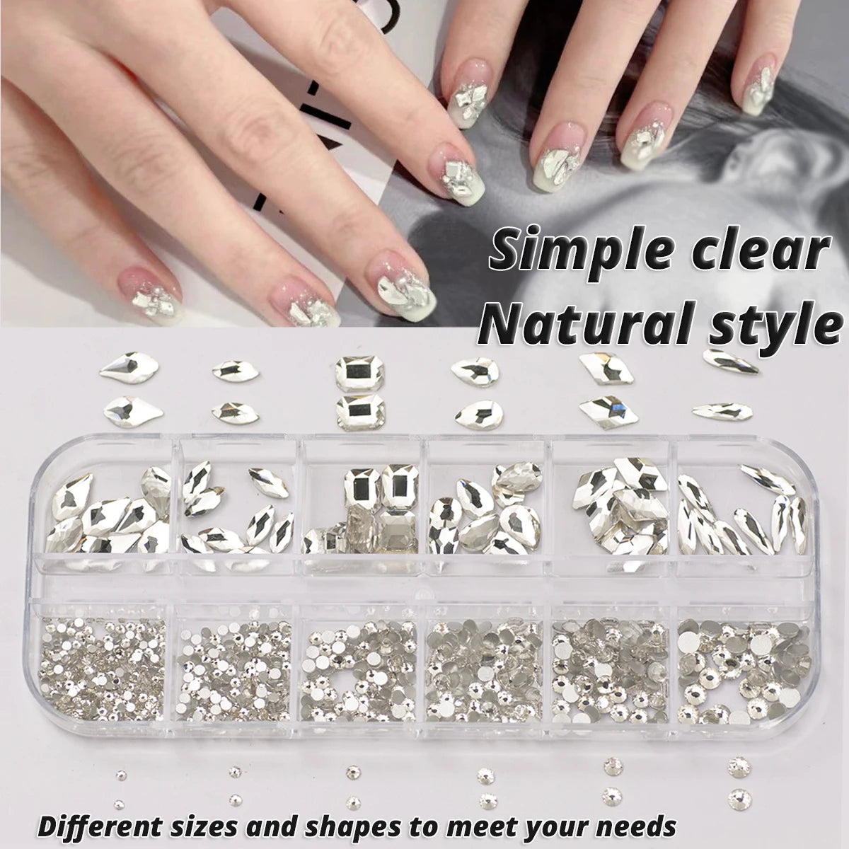 12 Grids Clear Mixed Sizes Nail Art Rhinestones Crystal 3D Glitter Non