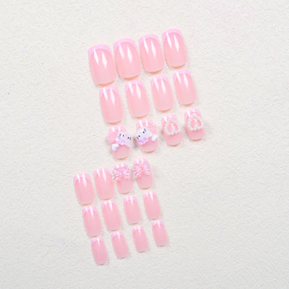 24 Medium Square Nail Pink French Cute Cartoon Cat White Love Camellia