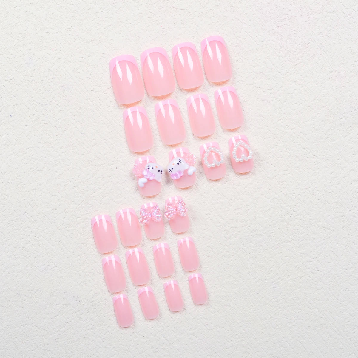 24 Medium Square Nail Pink French Cute Cartoon Cat White Love Camellia