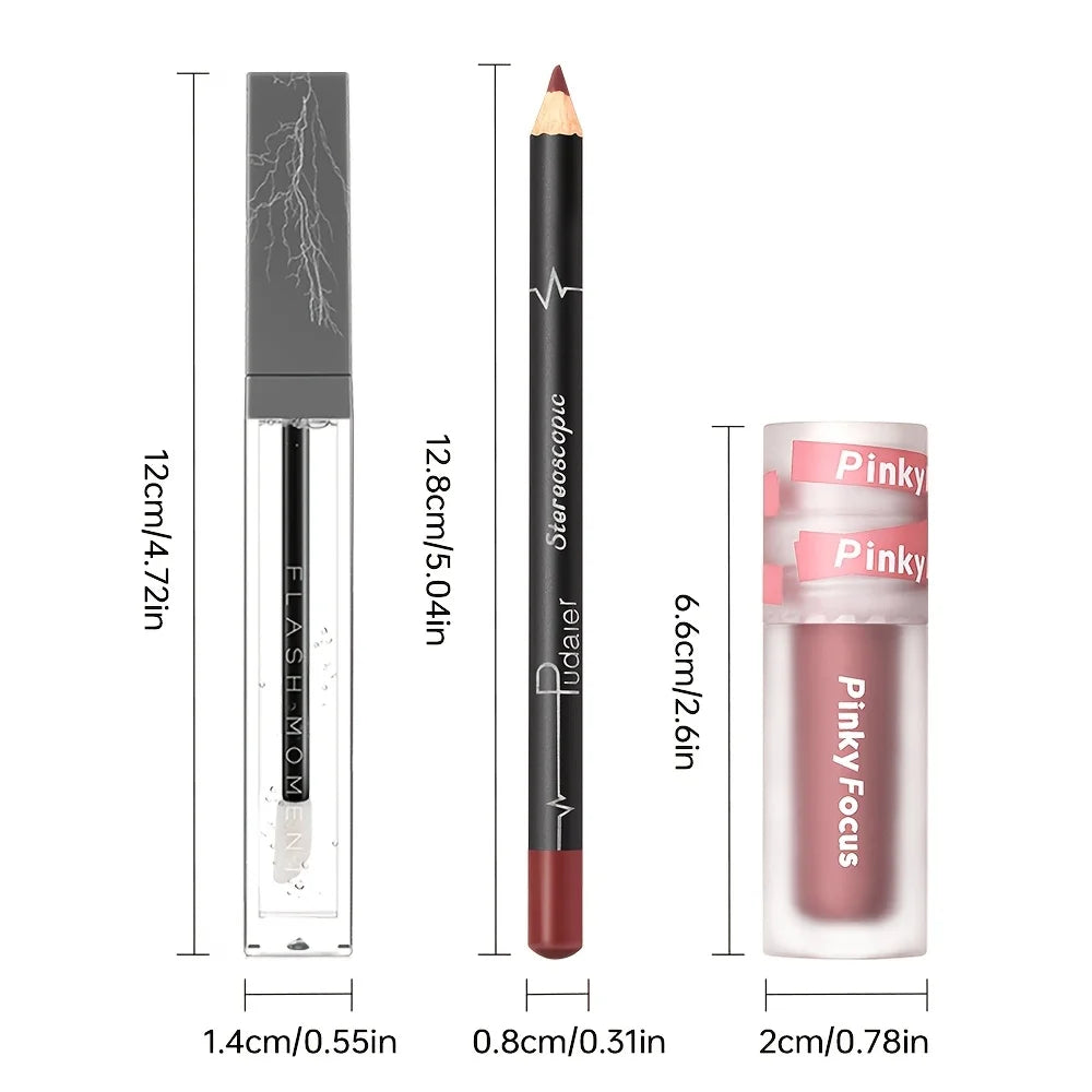 3PCS Glossy Lip Set, Shimmer Lip Gloss + Lip Oil + Lip Liner,