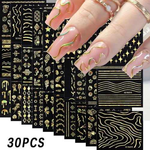 6/30Pcs Nail Stickers 3D Laser Gold Retro French Line Flower Art