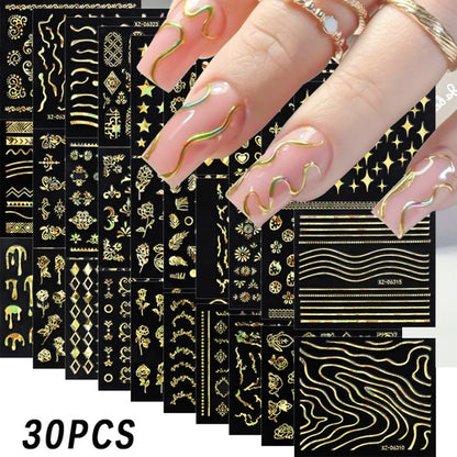 6/30Pcs Nail Stickers 3D Laser Gold Retro French Line Flower Art