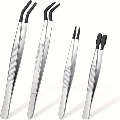 4pcs Set of Stamp Tweezers with Rubber Tips Stainless Steel Clip