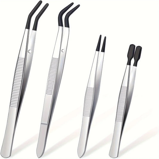 4pcs Set of Stamp Tweezers with Rubber Tips Stainless Steel Clip