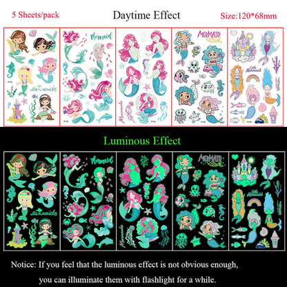 5 Sheets Luminous Tattoo Stickers Temporary Colorful Animal Dinosaur