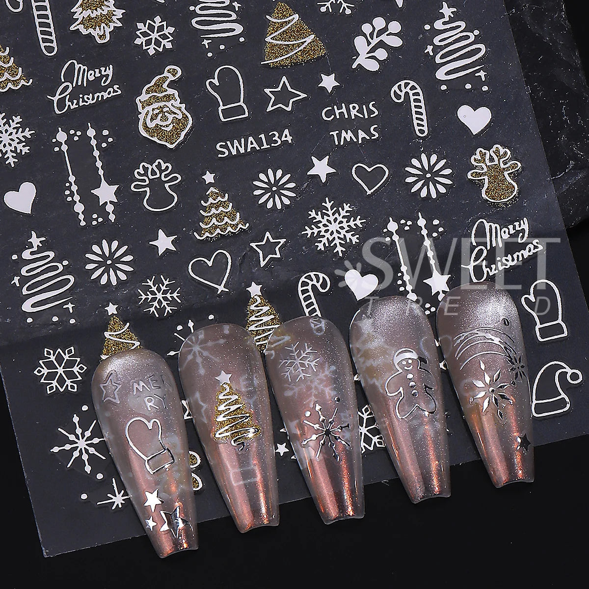 2pcs Gold Silver Christmas 3D Nail Stickers Reflective Glitter Xmas
