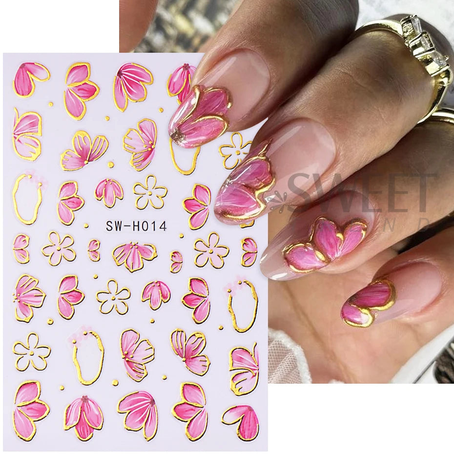 2/3pcs Golden Pink Hibiscus Flower Nail Stickers 3D Bronzing Border