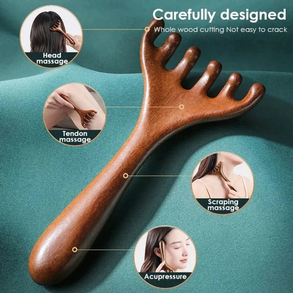6-Claw Head Massager Wooden Meridian Massage Comb Body Gua Sha Tool