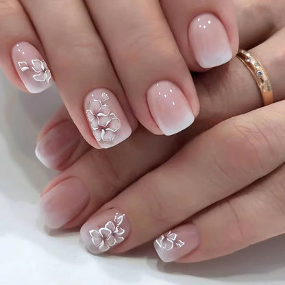 24 PCs Short French Simple Gradient Flower Nails with 1 Jelly Glue and