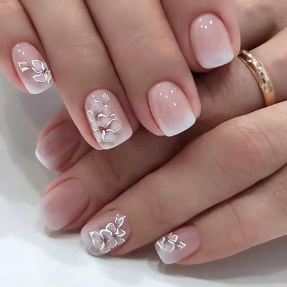 24 PCs Short French Simple Gradient Flower Nails with 1 Jelly Glue and