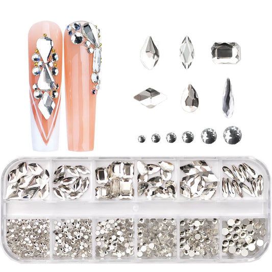 12 Grids Clear Mixed Sizes Nail Art Rhinestones Crystal 3D Glitter Non