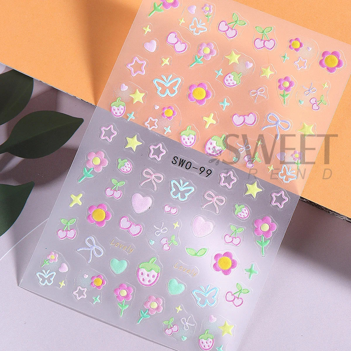 2pcs Sweet Element Nail Art Stickers Simple Flower Heart Cherry