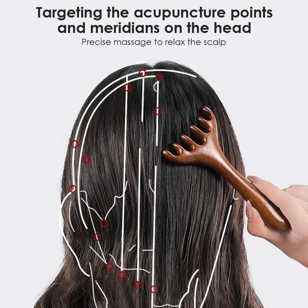 6-Claw Head Massager Wooden Meridian Massage Comb Body Gua Sha Tool