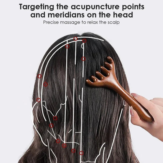 6-Claw Head Massager Wooden Meridian Massage Comb Body Gua Sha Tool