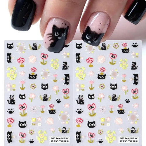 2pcs Black Cat Nail Stickers 3D Cute Cartoon Animal 3D Self-Adhesive