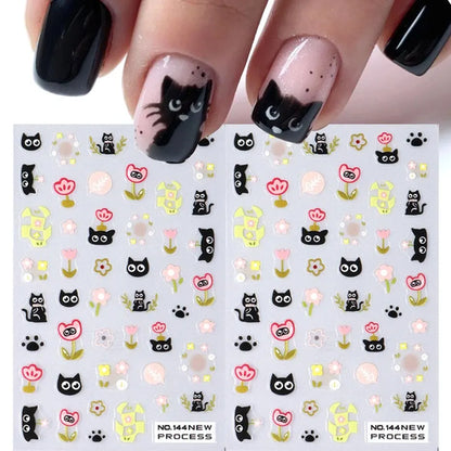 2pcs Black Cat Nail Stickers 3D Cute Cartoon Animal 3D Self-Adhesive