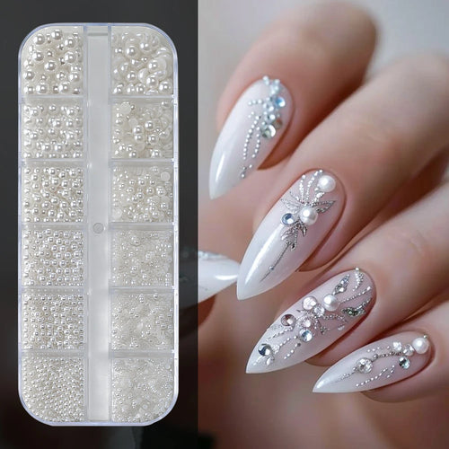12Grids Ocean Gold Nail Art Charms Shell/Seahorse/Starfish White Half