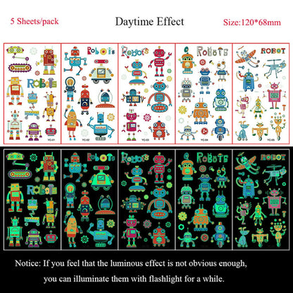 5 Sheets Luminous Tattoo Stickers Temporary Colorful Animal Dinosaur
