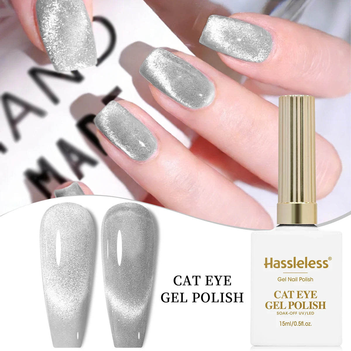 Hassleless  15ml Universal Silver Cat Eye Gel Polish. Glittery,