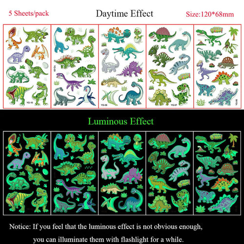 5 Sheets Luminous Tattoo Stickers Temporary Colorful Animal Dinosaur