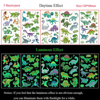 5 Sheets Luminous Tattoo Stickers Temporary Colorful Animal Dinosaur