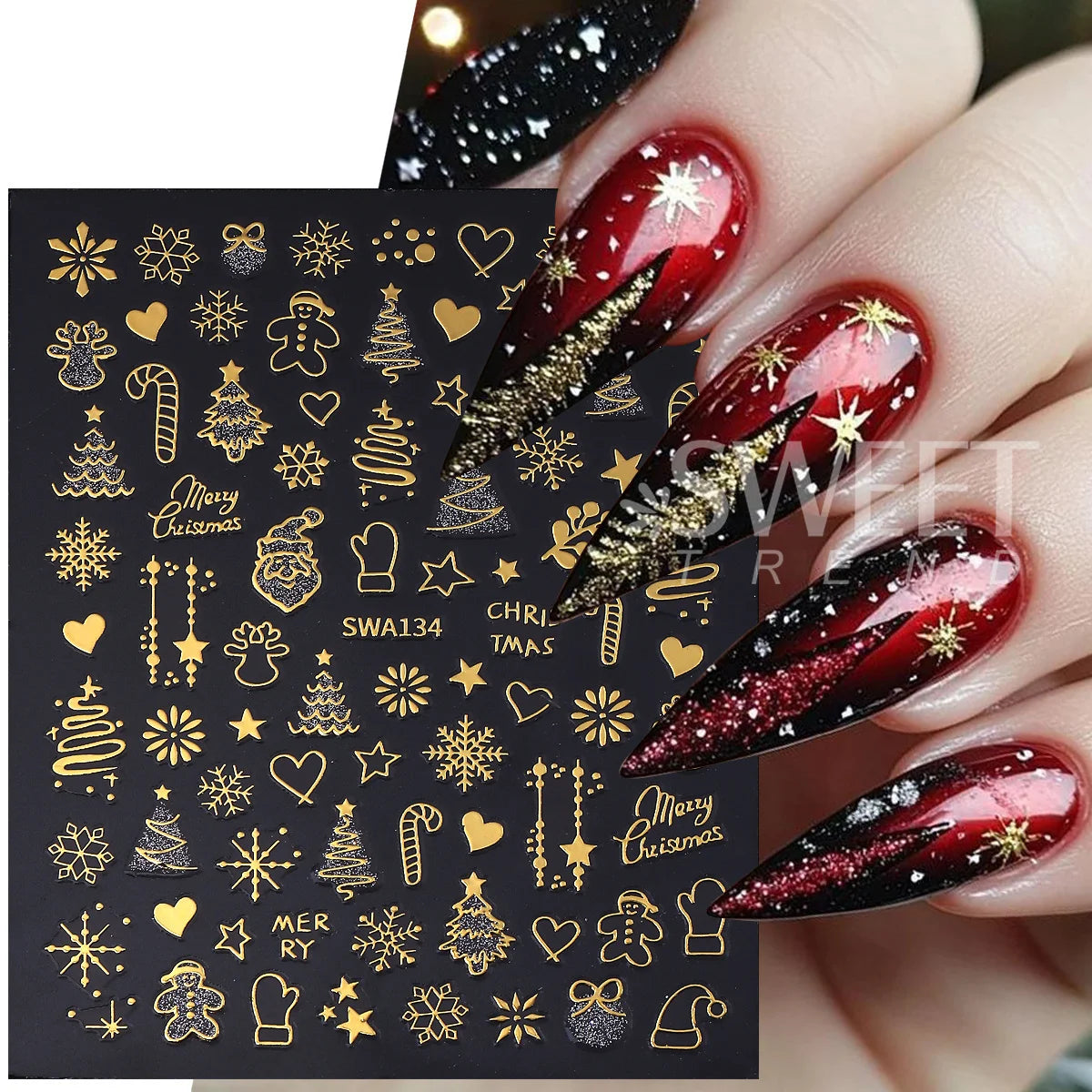 2pcs Gold Silver Christmas 3D Nail Stickers Reflective Glitter Xmas