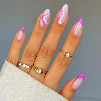 24Pcs Cute Oval False Nails Reusable And Adhesives Aesthetic False Almond Nails Complete Nail Kit Acrylic Press On Set For Gel