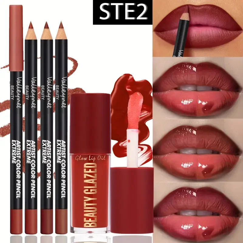 4pcs Dark Brown Lip Kit - Lip Liner + Lip Glaze, Waterproof &