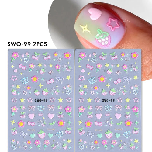 2pcs Sweet Element Nail Art Stickers Simple Flower Heart Cherry