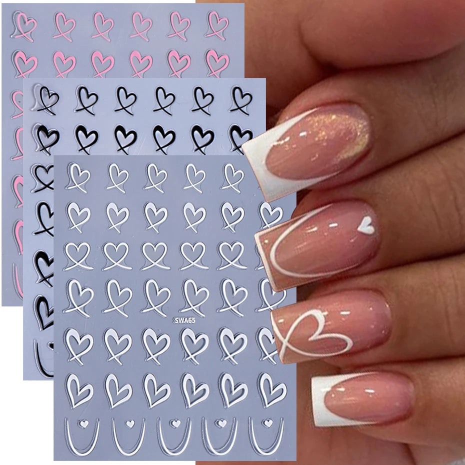 3pcs Valentine's Day Nail Art Stickers 3D Black White Pink Lines Love