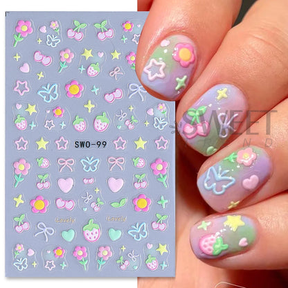 2pcs Sweet Element Nail Art Stickers Simple Flower Heart Cherry