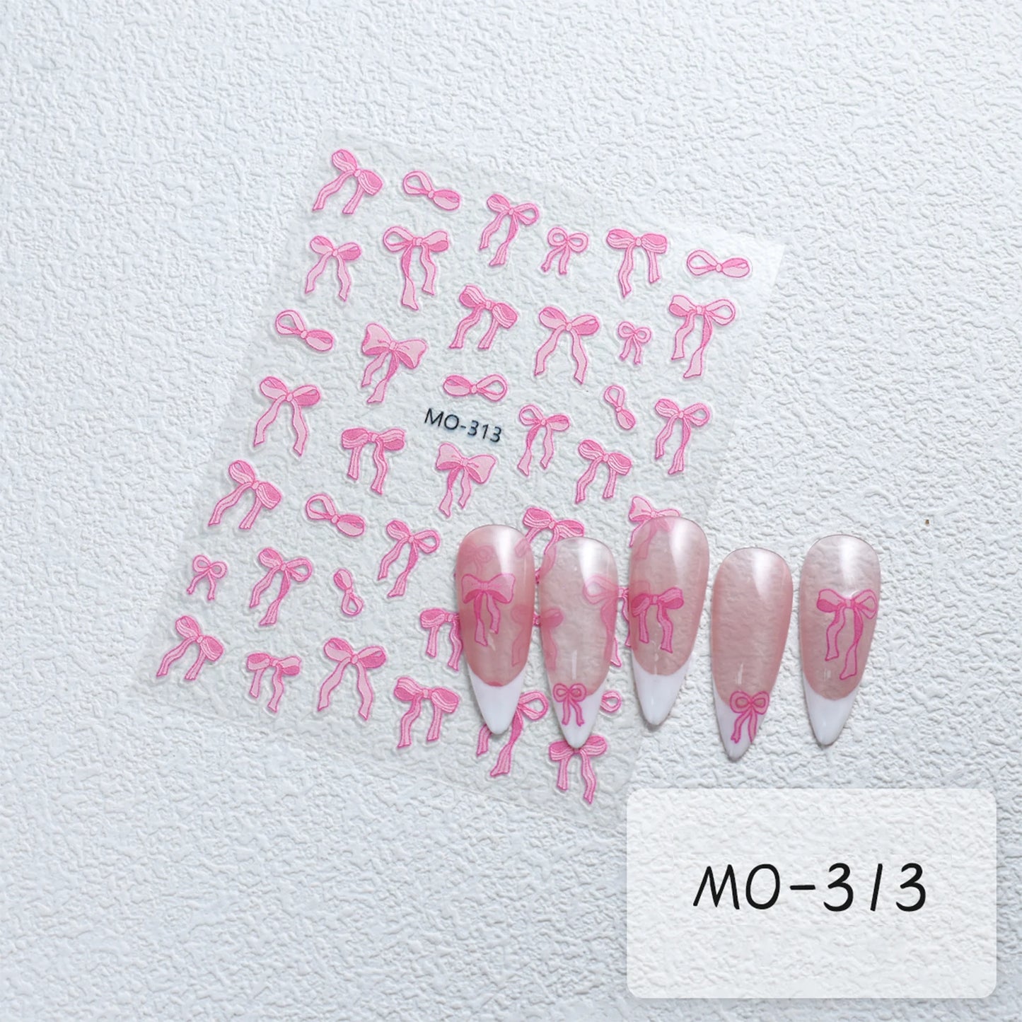 Bowknot Nail Stickers 3D Relief White Ribbon Cute Sweet Pink
