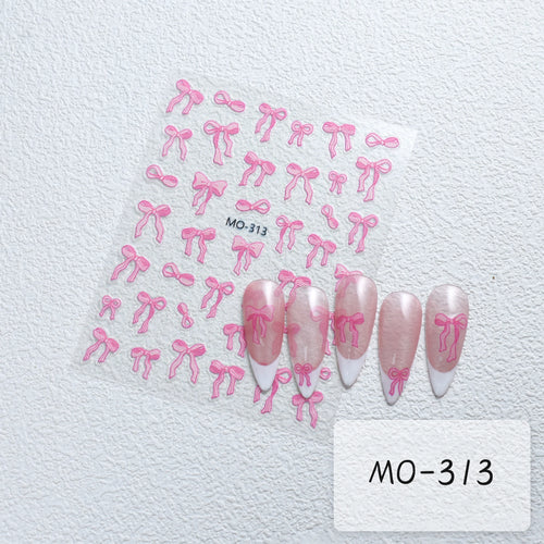 Bowknot Nail Stickers 3D Relief White Ribbon Cute Sweet Pink
